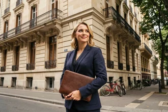 Femme investisseuse devant un immeuble haussmannien en centre-ville pour l'immobilier locatif