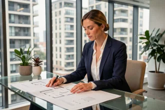 Investisseuse immobilière examinant des plans d'appartements dans une agence moderne avec vue sur les immeubles urbains