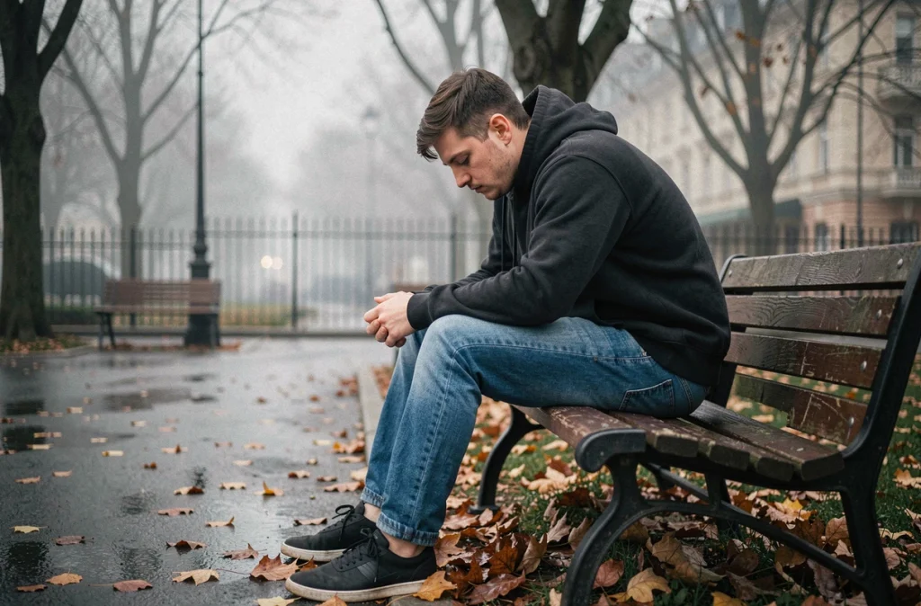 Jeune adulte recroquevillé sur un banc de parc en automne, posture repliée sur soi illustrant les signes de dépression et d'isolement