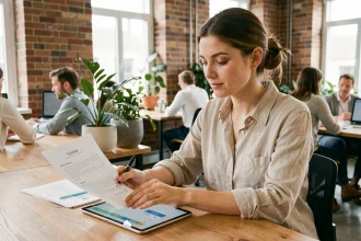 Jeune femme active consultant un tableau de bord d'épargne solidaire sur tablette dans un espace de coworking moderne