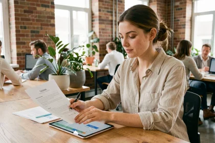 Jeune femme active consultant un tableau de bord d'épargne solidaire sur tablette dans un espace de coworking moderne