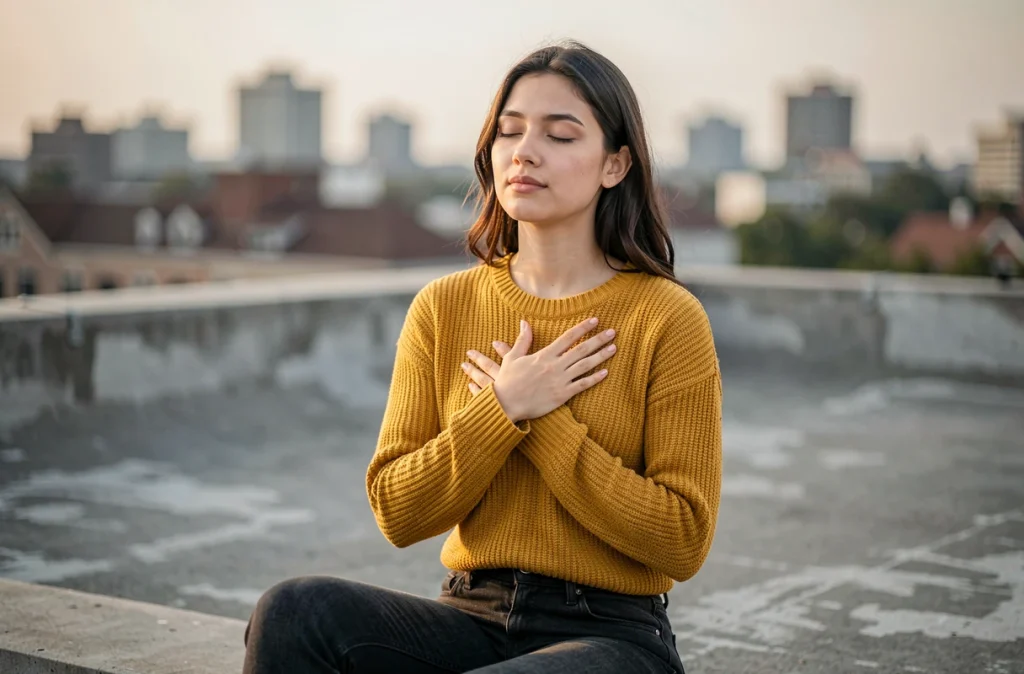 Jeune femme pratiquant la respiration consciente sur un rooftop urbain en béton, vêtue d'un pull en maille moutarde avec la skyline de la ville en arrière-plan flou