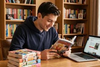 Jeune homme lisant un manga à son bureau entouré de volumes de mangas et d'un ordinateur portable