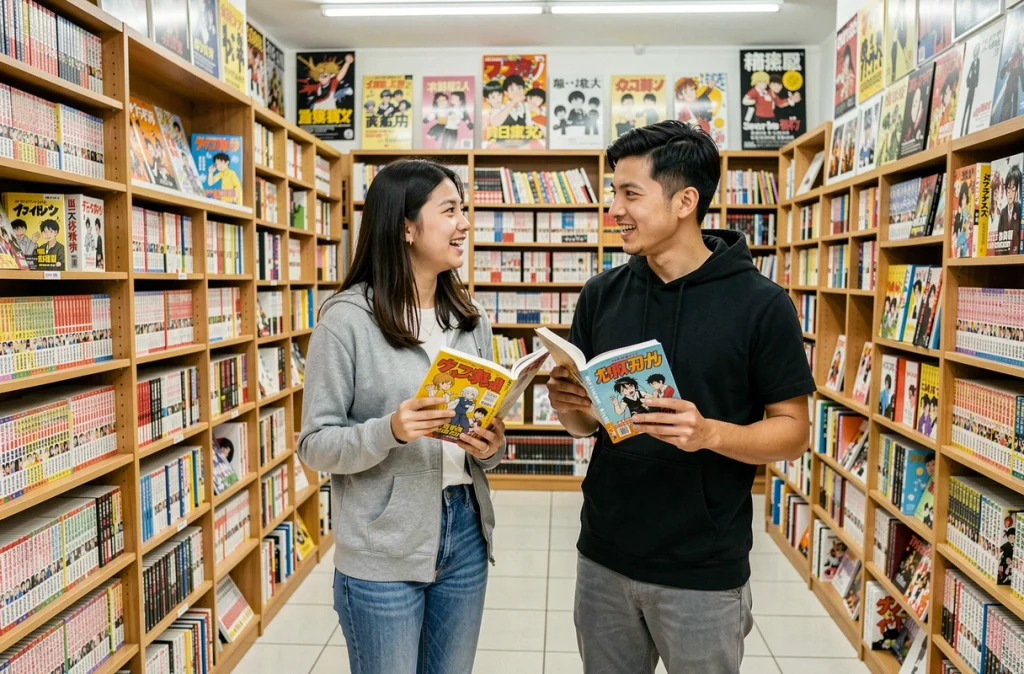Deux jeunes adultes feuilletant des mangas dans une librairie spécialisée avec de nombreux volumes en rayon