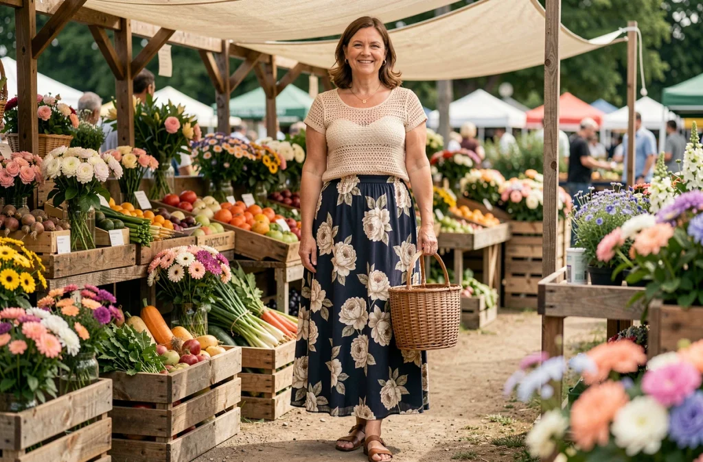 Femme en jupe longue florale pivoine marine au marché de fleurs estival avec panier en osier