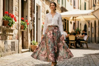 Femme portant une jupe longue à motifs floraux botaniques rose et vert sauge dans une rue pavée européenne