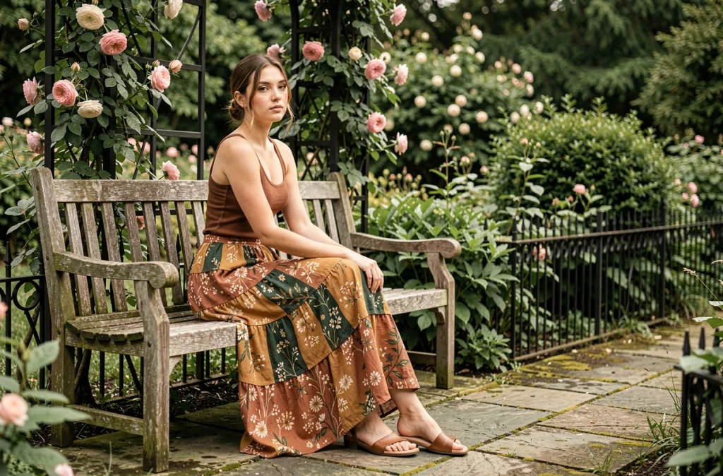 Jeune femme assise dans un jardin botanique portant une jupe longue à volants motifs floraux terracotta et moutarde