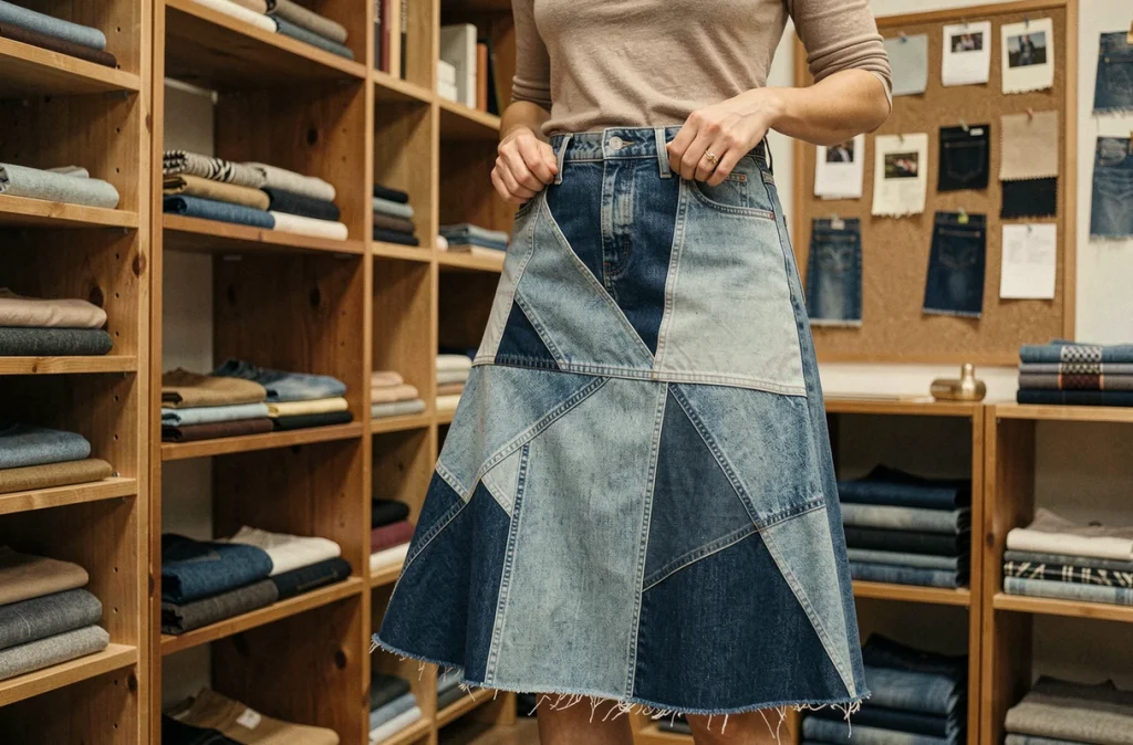 Femme essayant une jupe midi en denim patchwork géométrique dans un atelier vintage rempli de tissus
