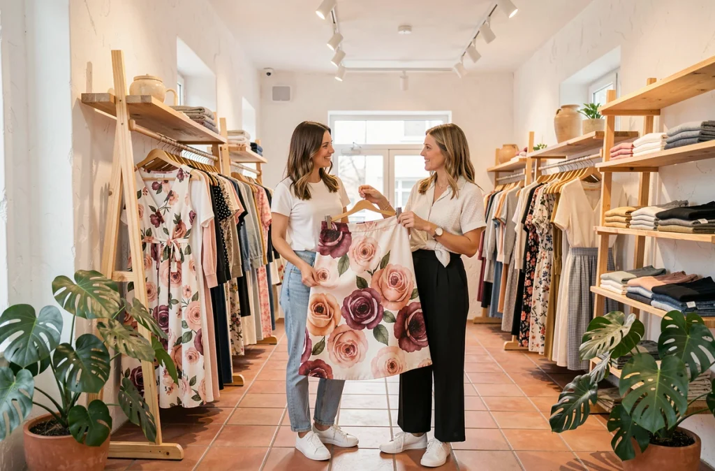 Deux femmes découvrant des jupes longues à motifs floraux aquarelle rose et bordeaux dans une boutique de mode indépendante