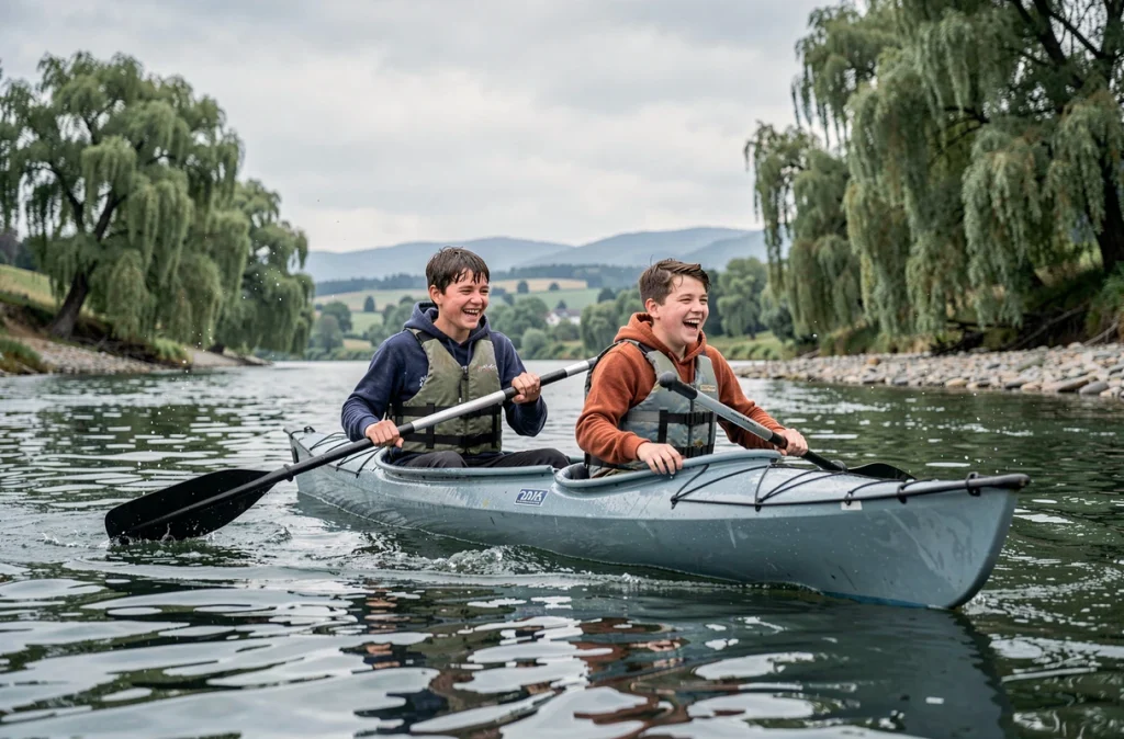 Deux adolescents faisant du kayak sur une rivière calme entourée de nature