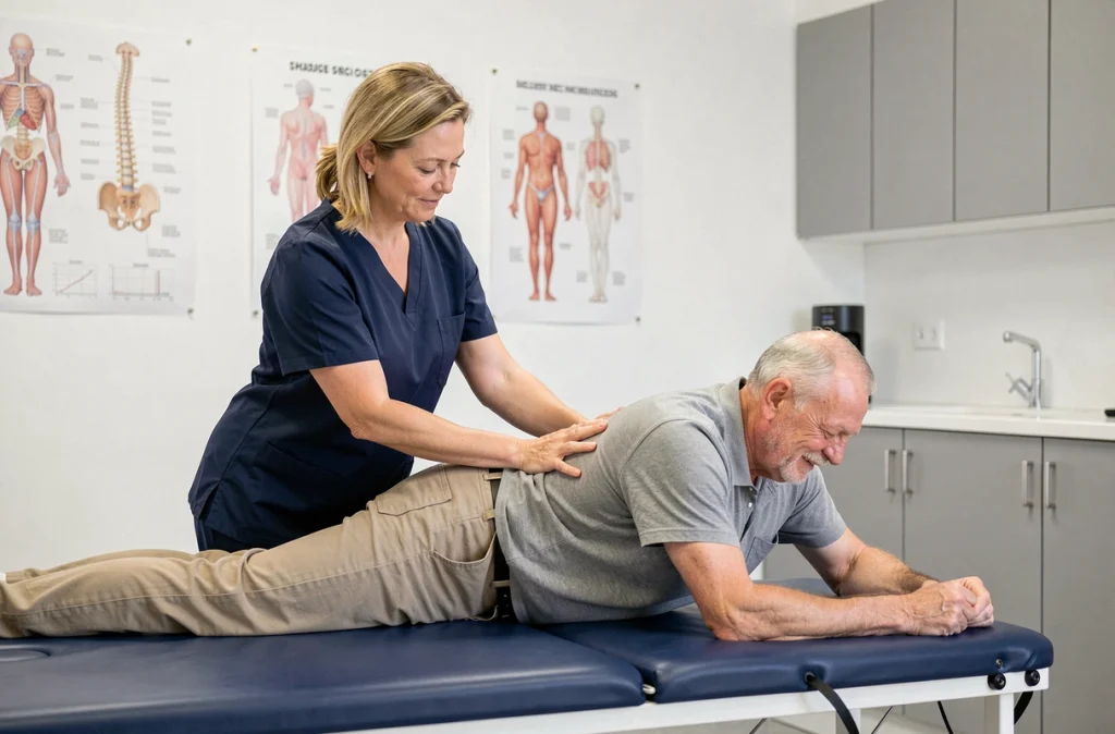 Kinésithérapeute accompagnant un patient dans un exercice de mobilisation lombaire en cabinet de rééducation