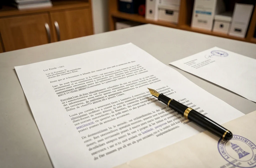 Gros plan d'une lettre juridique formelle rédigée à la plume sur un bureau de cabinet avec enveloppe timbrée et dossiers en arrière-plan