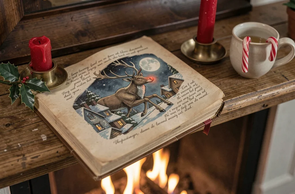 Livre illustré vintage ouvert sur une histoire de renne du Père Noël posé sur un manteau de cheminée décoré pour Noël