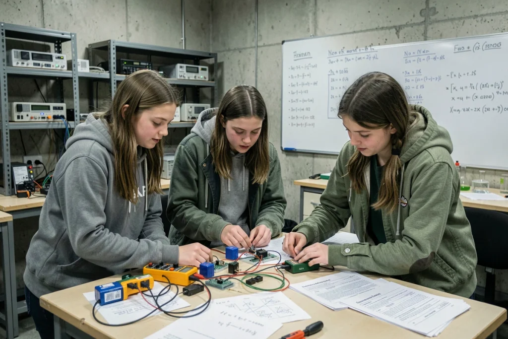 Groupe de lycéens travaillant sur des exercices de calcul d'autonomie de batterie dans un laboratoire scolaire