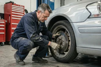 Mécanicien automobile inspectant le disque de frein d'une voiture surélevée dans un atelier professionnel