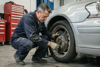 Mécanicien automobile inspectant le disque de frein d'une voiture surélevée dans un atelier professionnel