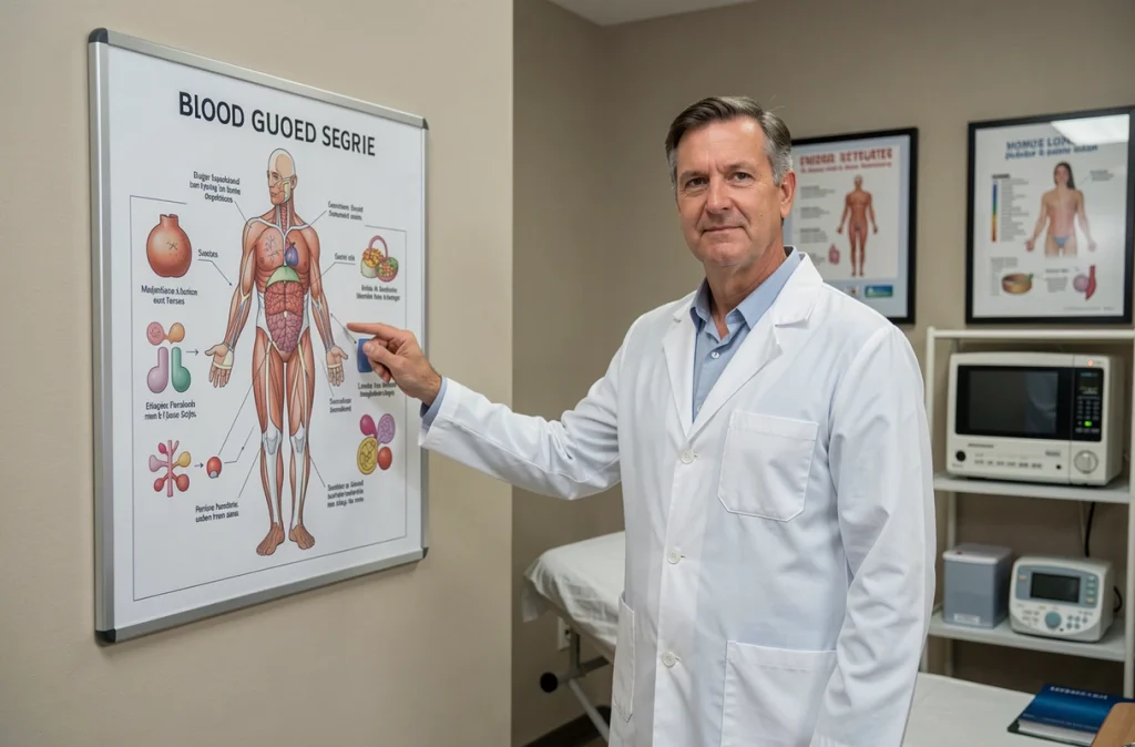 Médecin expliquant les effets du sucre sur le métabolisme et la glycémie dans un cabinet médical