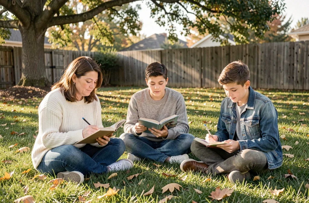Mère et adolescents lisant et dessinant dans le jardin lors d'une semaine sans écrans
