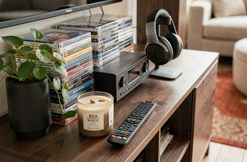 Meuble home cinéma en noyer avec lecteurs Blu-ray, ampli audio, casque sans fil, bougie et plante verte dans un salon cosy aux tons chauds