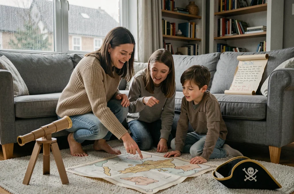 Une mère et ses deux enfants jouant à une micro-aventure scénarisée dans le salon avec des cartes au trésor et des accessoires en carton