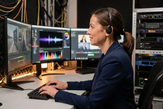 Monteuse professionnelle utilisant un logiciel d'intelligence artificielle pour le montage vidéo dans un studio de post-production audiovisuelle