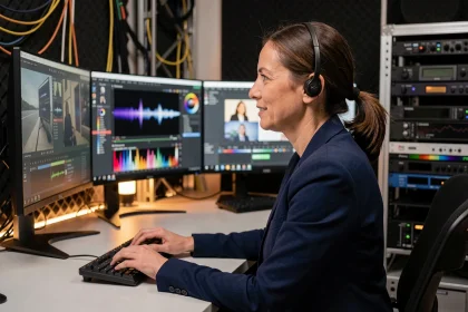 Monteuse professionnelle utilisant un logiciel d'intelligence artificielle pour le montage vidéo dans un studio de post-production audiovisuelle