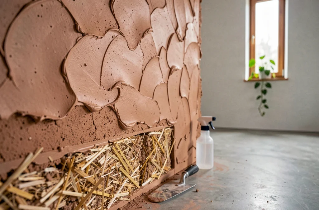 Détail d'un mur en pisé, botte de paille et enduit à la chaux naturelle dans un bâtiment écologique moderne