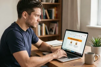 Homme consultant un navigateur web sécurisé sur un ordinateur portable à son bureau, illustrant la navigation sécurisée et la protection contre les virus en 2026