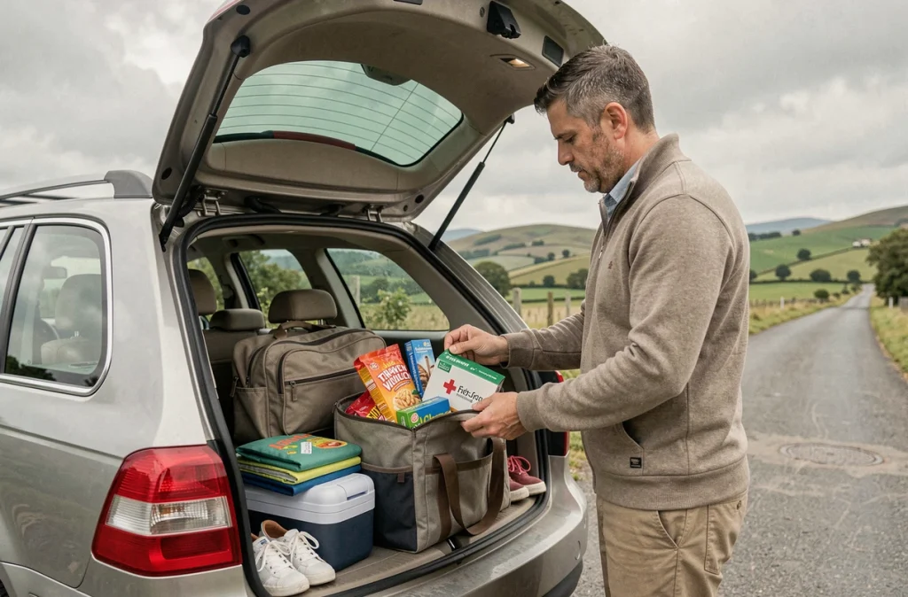 Père organisant les bagages et collations dans le coffre d'un break familial lors d'un arrêt sur la route des vacances