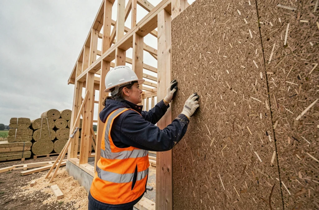 Ouvrière installant des panneaux isolants en fibre de bois biosourcée sur le mur d'une maison en construction