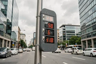 Panneau de signalisation routière intelligent avec affichage LED numérique en milieu urbain