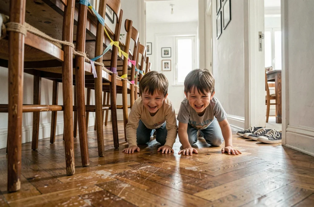 Deux enfants traversant un parcours d'obstacles fait de chaises et de fils colorés dans le couloir d'un appartement