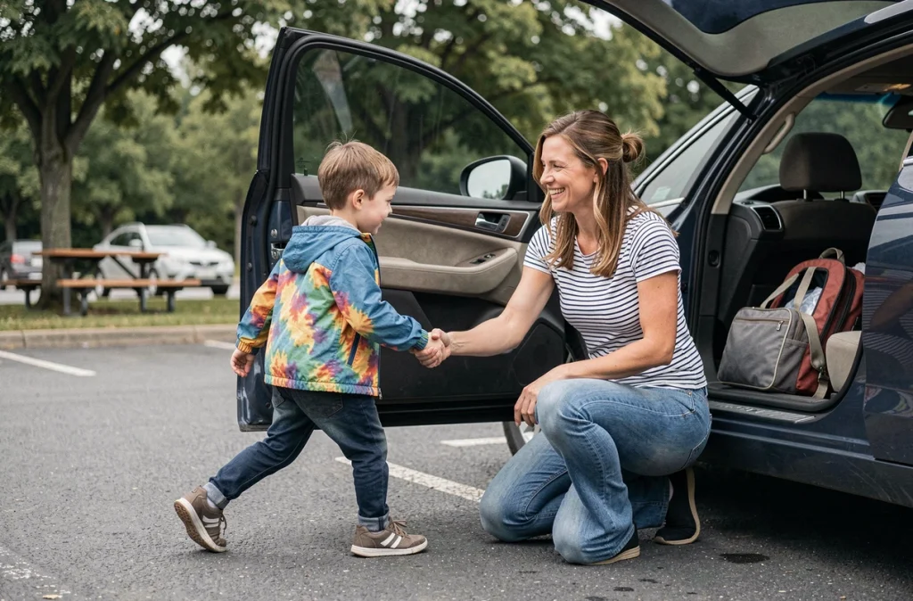 Mère aidant son enfant à se dégourdir les jambes lors d'une pause sur une aire d'autoroute pendant un trajet en voiture