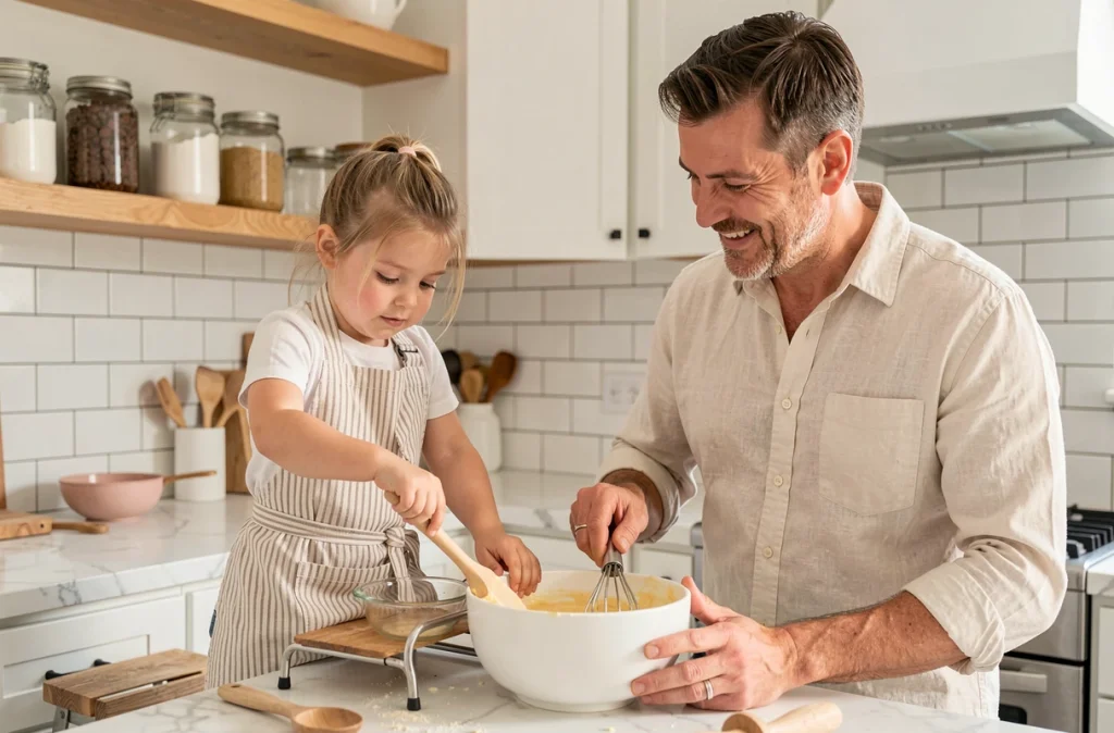 Père et sa fille cuisinant ensemble dans la cuisine lors d'une semaine en famille sans écrans