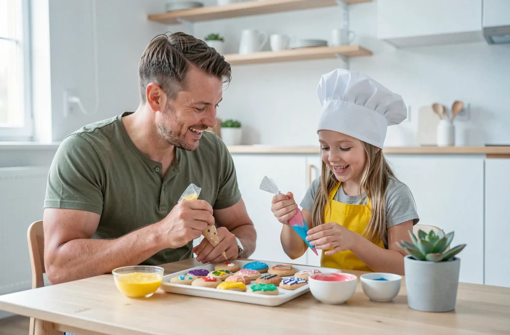 Père et fillette décorant des biscuits faits maison avec du glaçage coloré dans une cuisine scandinave