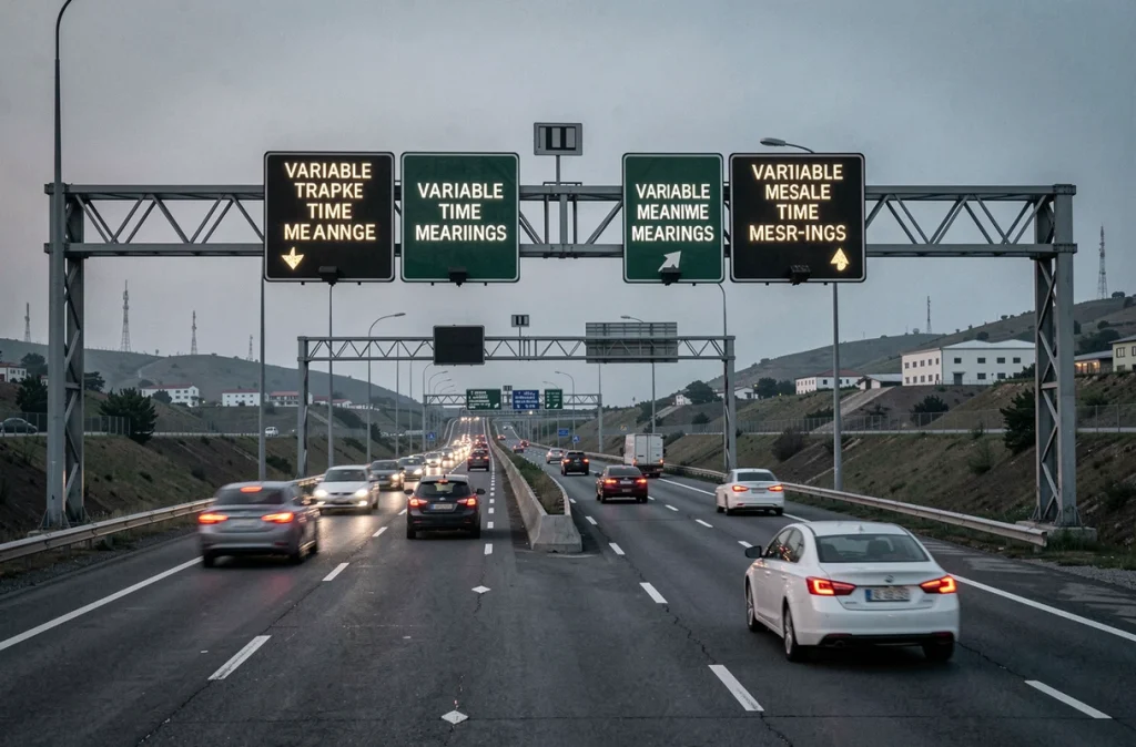 Portique de signalisation à messages variables sur autoroute moderne avec circulation en temps réel