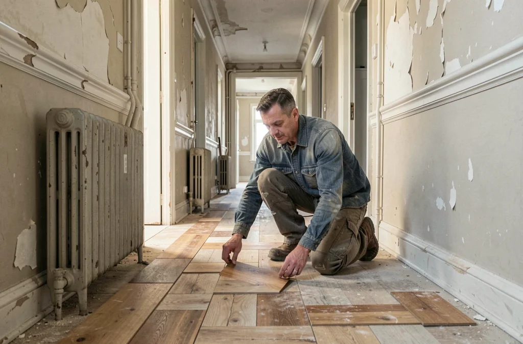 Artisan posant du parquet en bois récupéré dans un couloir d'appartement ancien en cours de rénovation