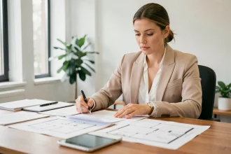 Femme agent immobilière analysant des plans et documents pour un premier achat immobilier dans une agence moderne