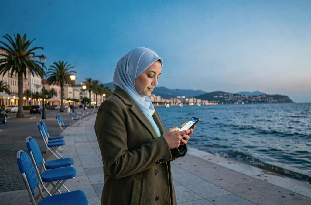 Femme consultant les horaires de prière sur smartphone sur la Promenade des Anglais à Nice au crépuscule