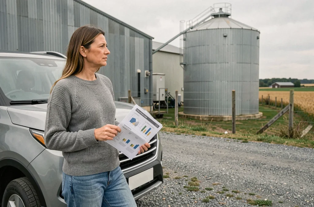 Femme tenant un document technique devant une installation de production de bioéthanol E85 en milieu rural