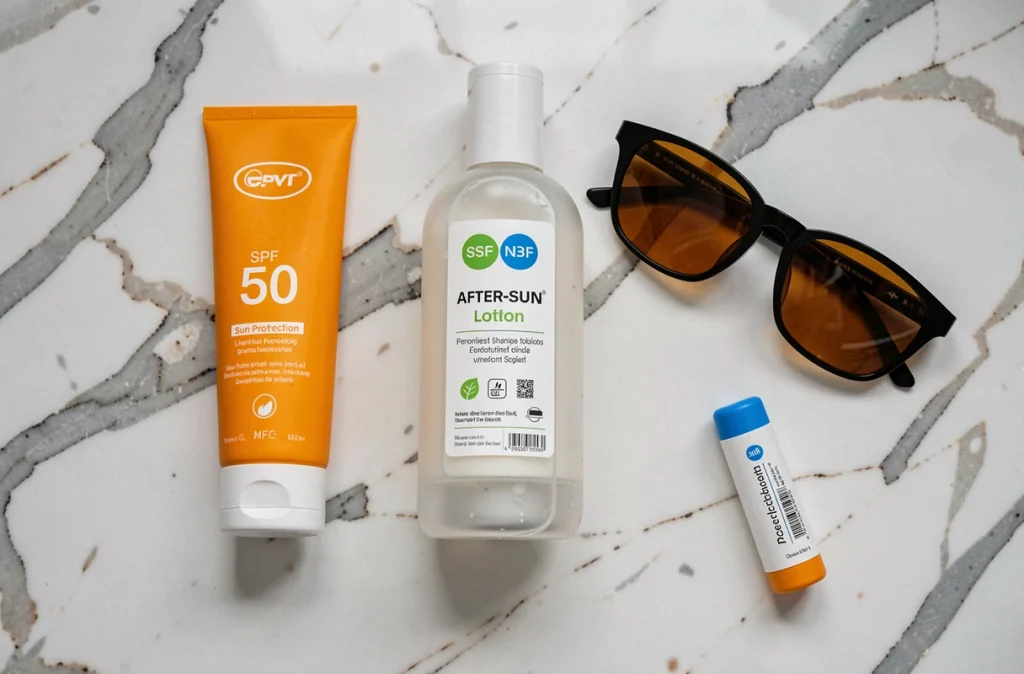 Produits de protection solaire posés sur un plan en marbre : crème SPF 50, lunettes UV et stick solaire