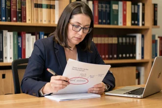 Professionnelle annotant un document avec un stylo rouge pour remplacer un mot complexe comme verbatim dans un texte professionnel