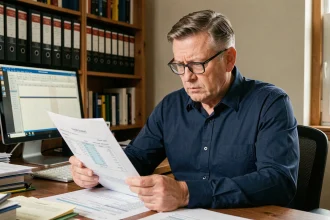 Propriétaire immobilier analysant ses documents fiscaux à son bureau à domicile en 2024