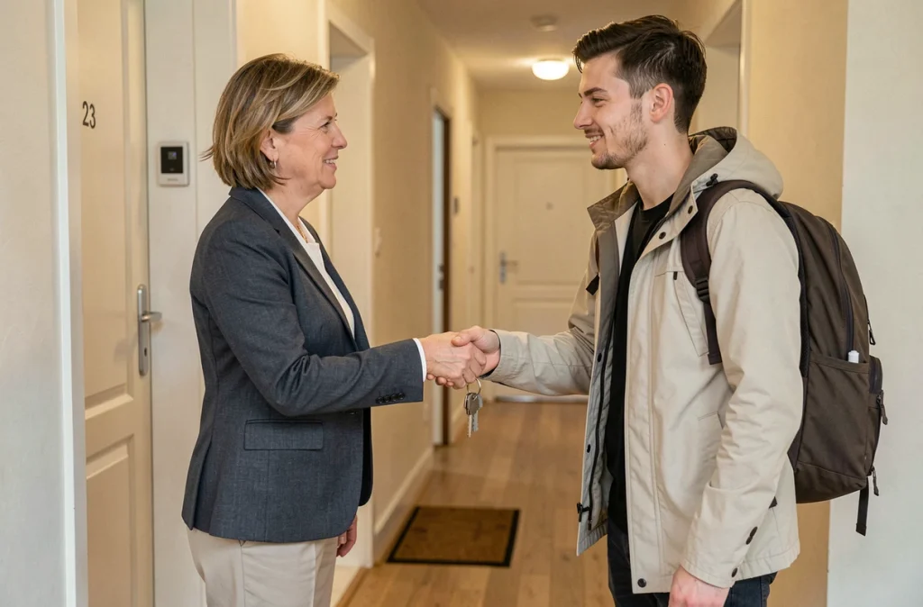 Une propriétaire remet les clés de son appartement à un nouveau locataire dans le couloir d'un immeuble résidentiel