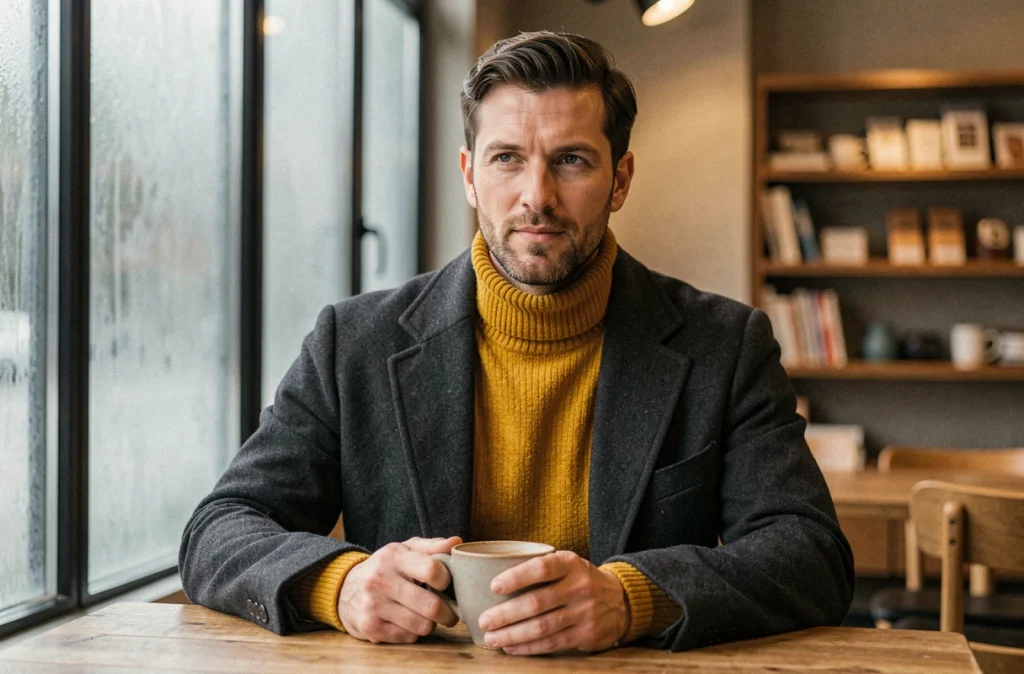 Homme en pull col roulé moutarde en maille fine assis dans un café en hiver, ambiance chaleureuse et colorée