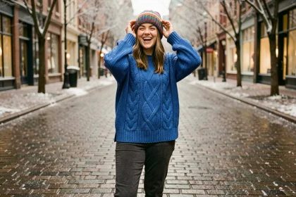 Femme portant un pull en maille épaisse bleu cobalt dans une rue pavée en hiver, tenue colorée et joyeuse