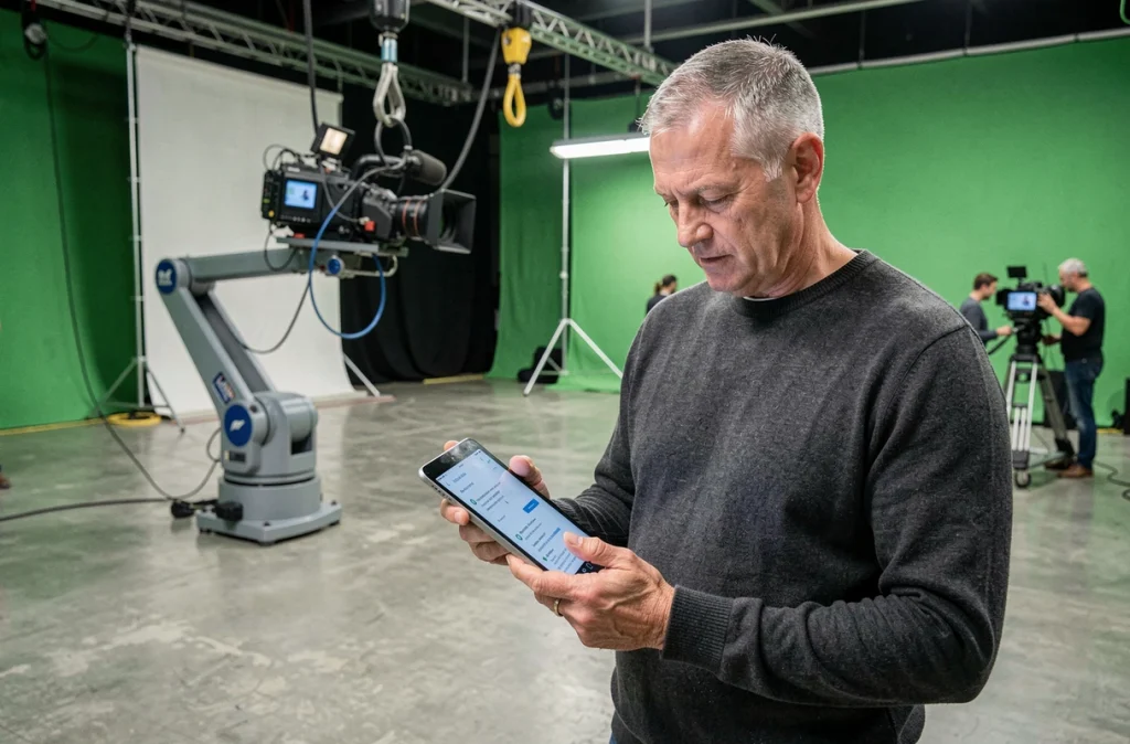 Réalisateur de télévision consultant une interface d'IA sur tablette sur un plateau de tournage professionnel