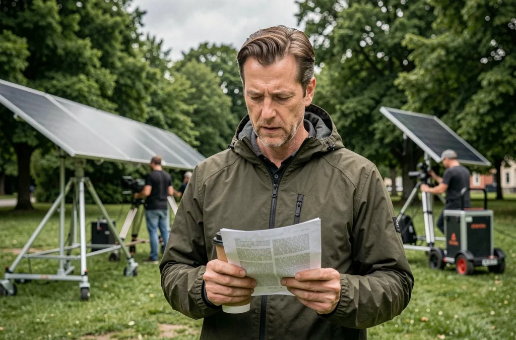 Réalisateur belge supervisant un tournage écoresponsable en plein air avec des équipements alimentés à l'énergie solaire à Liège