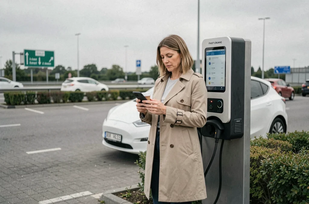 Femme attendant la recharge de sa voiture électrique dans une aire d'autoroute avec une borne de charge rapide