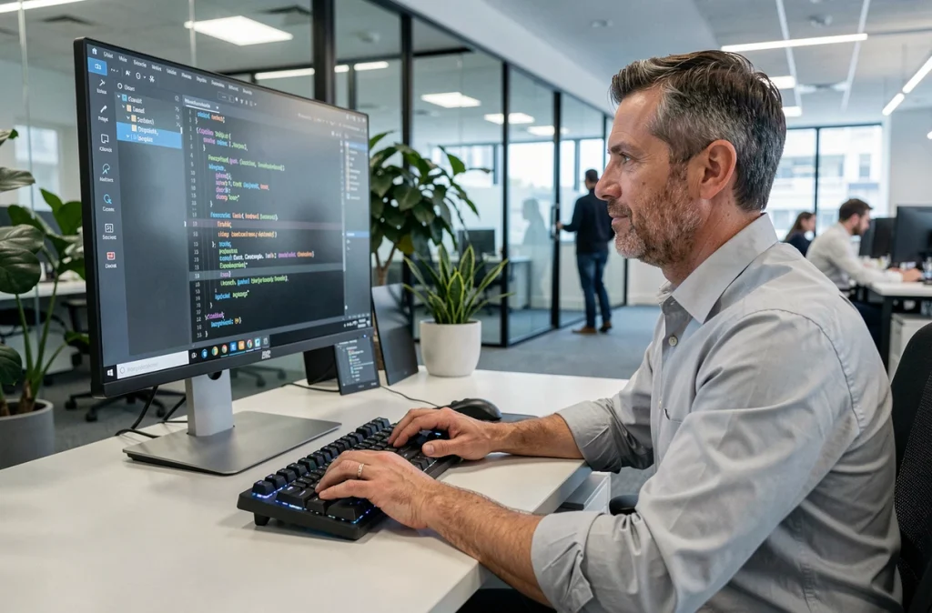 Rédacteur professionnel recherchant un synonyme de verbatim sur son ordinateur dans un bureau moderne en open space